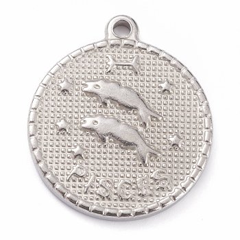 304 Stainless Steel Pendants, Flat Round with Constellation, Pisces, 29x26x3mm, Hole: 2mm