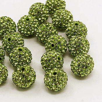 Grade A  Rhinestone Beads, Pave Disco Ball Beads, Resin and China Clay, Round, Olive Drab, PP9(1.5.~1.6mm), 8mm, Hole: 1mm