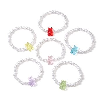 6Pcs 6 Color Acrylic Bear & Imitation Pearl Beaded Stretch Bracelets Set for Children, Stackable Bracelets, Mixed Color, Inner Diameter: 2 inch(5cm), 1Pc/color