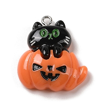 Opaque Resin Pendants, Halloween Charms with Platinum Tone Alloy Loops, Black, Cat Shape with Pumpkin, 28~28.5x24.5~25.5x8.5~9mm, Hole: 1.5mm