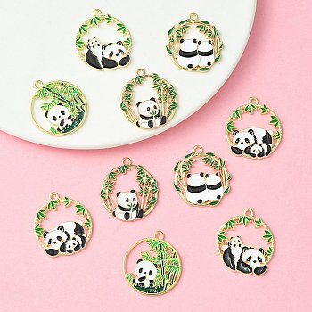 10Pcs 5 Style Alloy Enamel Pendants, Cadmium Free & Nickel Free & Lead Free, Golden, Flat Round with Bamboo and Panda Charm, Mixed Color, 27~28x24.5~25.5x1.2~1.5mm, Hole: 1.8~2mm, 2pcs/style