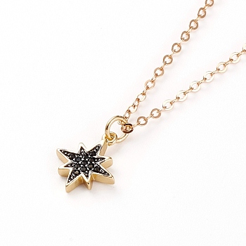Brass Micro Pave Cubic Zirconia Star Pendant Necklaces, with Lobster Claw Clasps, Black, Real 18K Gold Plated, 17.12 inch(43.5cm)