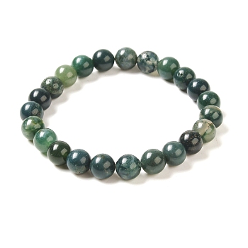 Natural Moss Agate Beaded Stretch Bracelets, Round, 2 inch(5.2cm), Bead: 8mm, 22~24pcs/Strand