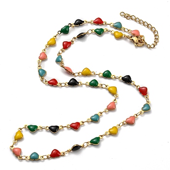 Ion Plating(IP) Golden 304 Stainless Steel Heart Link Chain Necklaces, with Enamel, Colorful, 17.72~17.91 inch(45~45.5cm)