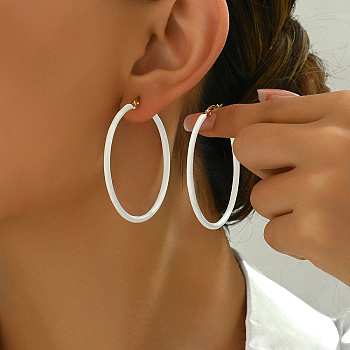 Stylish and Classic French Style Plastic & Stainless Steel Hoop Earrings for Women, Golden, White, 50.5x50mm