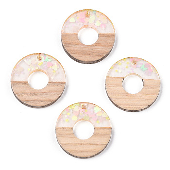 Transparent Resin & White Wood Pendants, Donut/Pi Disc Charms with Paillettes, Clear, 28x3.5mm, Hole: 2mm