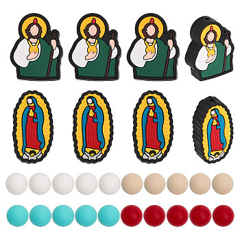 36Pcs 6 Style Food Grade Eco-Friendly Silicone Beads, Chewing Beads For Teethers, DIY Nursing Necklaces Making, Virgin Mary & Jesus & Round, Mixed Color, 12~33.5x12~24x8~12mm, Hole: 2~2.3mm, 6pcs/style