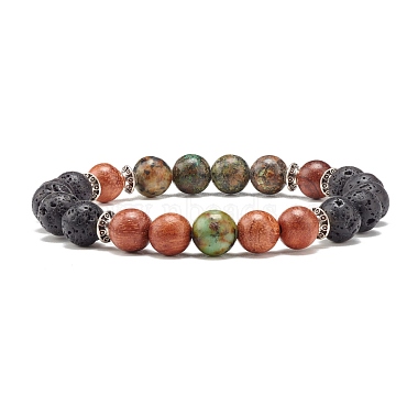 Natural Mixed Stone & Wood & Lava Rock Round Beads Stretch Bracelet(BJEW-JB07133)-2