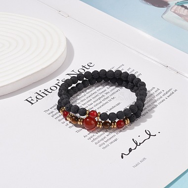 2 pièces 2 style pierre de lave synthétique et agate rouge naturelle cornaline et oeil de tigre ensemble de bracelets extensibles perlés(BJEW-JB08698)-2