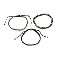 Natural Tiger Eye Bracelets Set for Men Women, Adjustable Braided Bead Bracelets with Brass Cubic Zirconia Beads, Black, Inner Diameter: 2-3/8~3-3/4 inch(5.9~9.5cm), 3pcs/set(BJEW-JB06737)