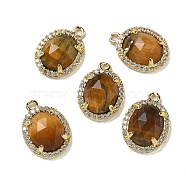 Natural Tiger Eye Faceted Oval Pendants, Rack Plating Brass Micro Pave Cubic Zirconia Charms, Golden, 15.5x11x4.5mm, Hole: 1.4mm(G-I375-02G-01)