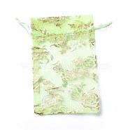 Organza Drawstring Jewelry Pouches, Wedding Party Gift Bags, Rectangle with Gold Stamping Rose Pattern, Pale Green, 15x10x0.11cm(OP-I001-C06)