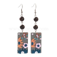Polymer Clay Dangle Earrings, with Natural Wood Round Beads and 316 Surgical Stainless Steel Earring Hooks, Rectangle with Flower, Silver, 86mm, Pin: 0.8mm(EJEW-JE04412-01)