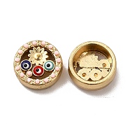 Alloy Enamel Beads, with Synthetic Turquoise, Flat Round with Flower & Evil Eye, Light Gold, 12.5x5.5mm, Hole: 1.5mm(PALLOY-F290-14G)