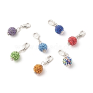 Polymer Clay Rhinestone Pendant Decorates, with Alloy Lobster Claw Clasps & Beads, Round, Mixed Color, 30mm(HJEW-JM00612)