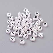 Flat Round with Letter U Acrylic Beads, with Horizontal Hole, White & Black, Size: about 7mm in diameter, 4mm thick, hole: 1mm(X-PL37C9070-U)
