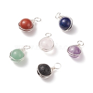 Natural Mixed Stone Pendants, with Silver Tone Copper Wire Wrapped, Mixed Dyed and Undyed, Round, 16x9.5x8.5mm, Hole: 2.9~3.5mm(PALLOY-JF01655)