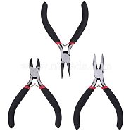 DIY Jewelry Tool Sets, Polishing Side Cutting Pliers, Wire Cutter Pliers and Round Nose Pliers, Black, 105~130x61~62mm, 3pcs/set(PT-PH0001-03)