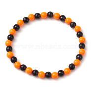 Halloween 6mm Round Plastic Beaded Stretch Bracelets for Women Men, Black, Orange Red, Inner Diameter: 2-3/8 inch(5.9cm)(BJEW-JB10573)