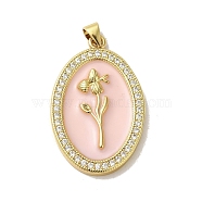 Brass Micro Pave Cubic Zirconia Pendants, with Enamel, Real 18K Gold Plated, Oval with Flower
, Clear, 34x21.5x3.5mm, Hole: 3.5x3mm(KK-C058-08G)