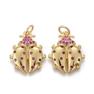 Brass Micro Pave Purple Cubic Zirconia Pendants, Long-Lasting Plated, with Jump Rings, Ladybug Shape, Golden, 16x14x3mm, Hole: 3.5mm(X-ZIRC-Z001-06G)