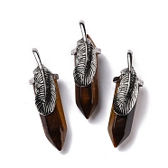 Natural Tiger Eye Pendants, with Antique Silver Tone Brass Findings, Cadmium Free & Lead Free, Double Terminal Pointed Bullet with Leaf, 44~47x14~15x14~15mm, Hole: 6.2x3.5mm(G-E059-04AS-03)