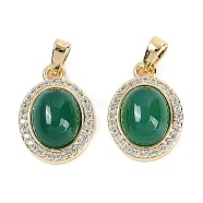 Natural Green Onyx Agate(Dyed & Heated) Oval Pendants, Brass Micro Pave Clear Cubic Zirconia Gems Charms, Real 18K Gold Plated, 17x12.5x6.5mm, Hole: 3.5x2.5mm(KK-U043-34G-01)