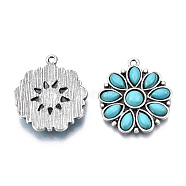 Synthetic Turquoise Pendants, with Antique Silver Tone Aolly Findings, Cadmium Free & Lead Free, Flower, Sky Blue, 28x25x5mm, Hole: 2mm(PALLOY-N157-041)