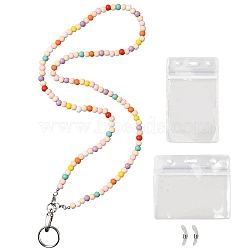 PVC Plastic Card Holders, with Wood Beaded Neck Strap, Colorful, 510mm(NJEW-WH0022-06)