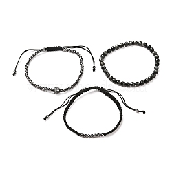 Natural Tiger Eye Bracelets Set for Men Women, Adjustable Braided Bead Bracelets with Brass Cubic Zirconia Beads, Black, Inner Diameter: 2-3/8~3-3/4 inch(5.9~9.5cm), 3pcs/set(BJEW-JB06737)