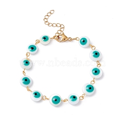 Natural Shell Flat Round with Evil Eye Link Chain Bracelet with Enamel, 304 Stainless Steel Jewelry for Women, Golden, Light Sea Green, 6-1/2~6-3/4 inch(16.5~17.2cm)(BJEW-C015-20G-03)