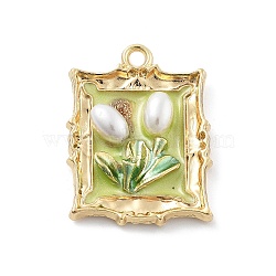 Alloy Enamel Pendants, Rectangle with Flower Charm, with ABS Plastic Pearl, Yellow Green, 25.5x19x4.5mm, Hole: 2mm(FIND-G089-02G-05)