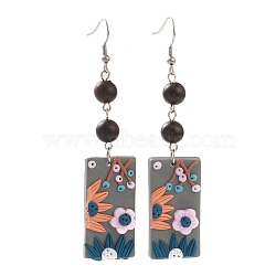 Polymer Clay Dangle Earrings, with Natural Wood Round Beads and 316 Surgical Stainless Steel Earring Hooks, Rectangle with Flower, Silver, 86mm, Pin: 0.8mm(EJEW-JE04412-01)
