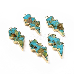 Dyed Natural Imperial Jasper Pendants, Lightning Bolt Charms, with Golden Tone Brass Findings, Medium Turquoise, 39.5x16.5x4mm, Hole: 1.8mm(G-P490-03G-03)