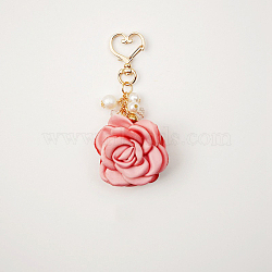 Satin Rose Pendant Decorations, with Heart Lobster Claw Clasps, Coral, 105mm(KEYC-PW0009-07A)