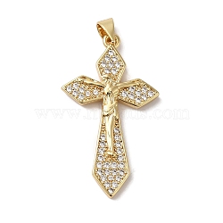 Rack Plating Brass Micro Pave Clear Cubic Zirconia Pendants, Long-Lasting Plated, Lead Free & Cadmium Free, Cross, Real 18K Gold Plated, 34.5x20x3mm, Hole: 4x3.5mm(KK-B092-41G)