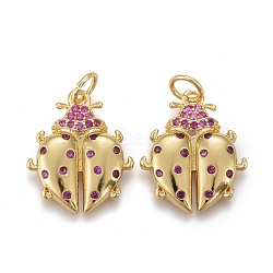 Brass Micro Pave Purple Cubic Zirconia Pendants, Long-Lasting Plated, with Jump Rings, Ladybug Shape, Golden, 16x14x3mm, Hole: 3.5mm(X-ZIRC-Z001-06G)