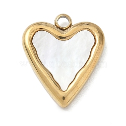 304 Stainless Steel with Shell Pendants, Heart Charms, Golden, Seashell Color, 16x14x2.5mm, Hole: 2mm(SA-CBAF41E-02C-G)