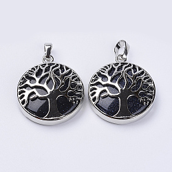 Synthetic Blue Goldstone Pendants, with Platinum Plated Brass Findings, Flat Round with Tree of Life, 31x27x8mm, Hole: 3.5x7mm(G-P350-D10)