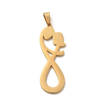 304 Stainless Steel Pendants, Laser Cut, Infinity with Couple Charm, Real 18K Gold Plated, 36x13x1mm, Hole: 6x3mm