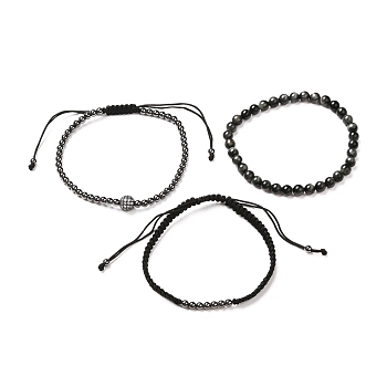 Natural Tiger Eye Bracelets Set for Men Women, Adjustable Braided Bead Bracelets with Brass Cubic Zirconia Beads, Black, Inner Diameter: 2-3/8~3-3/4 inch(5.9~9.5cm), 3pcs/set