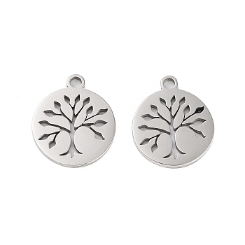 316 Surgical Stainless Steel Charms, Laser Cut, Flat Round Charm, Stainless Steel Color, Tree, 14.5x12.5x1mm, Hole: 1.5mm