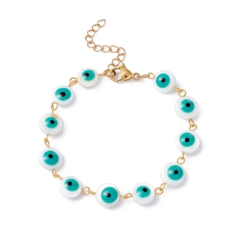 Natural Shell Flat Round with Evil Eye Link Chain Bracelet with Enamel, 304 Stainless Steel Jewelry for Women, Golden, Light Sea Green, 6-1/2~6-3/4 inch(16.5~17.2cm)