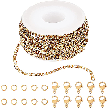 DIY Chain Necklace Bracelet Making Kits, Including 304 Stainless Steel Figaro Chains & Jump Rings & Clasps, Golden, Chain: 10m/bag