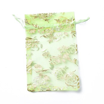 Organza Drawstring Jewelry Pouches, Wedding Party Gift Bags, Rectangle with Gold Stamping Rose Pattern, Pale Green, 15x10x0.11cm