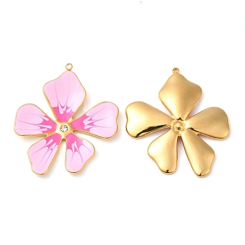 304 Stainless Steel Enamel Pendants, with Rhinestones, Real 18K Gold Plated, Flower Charm, Pearl Pink, 37.5x33x3mm, Hole: 1.4mm