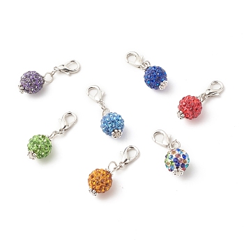 Polymer Clay Rhinestone Pendant Decorates, with Alloy Lobster Claw Clasps & Beads, Round, Mixed Color, 30mm