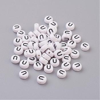 Flat Round with Letter U Acrylic Beads, with Horizontal Hole, White & Black, Size: about 7mm in diameter, 4mm thick, hole: 1mm
