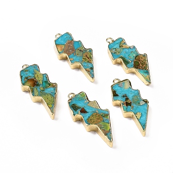 Dyed Natural Imperial Jasper Pendants, Lightning Bolt Charms, with Golden Tone Brass Findings, Medium Turquoise, 39.5x16.5x4mm, Hole: 1.8mm
