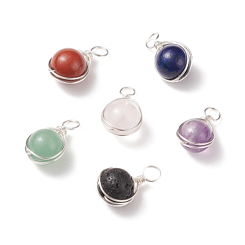 Natural Mixed Stone Pendants, with Silver Tone Copper Wire Wrapped, Mixed Dyed and Undyed, Round, 16x9.5x8.5mm, Hole: 2.9~3.5mm